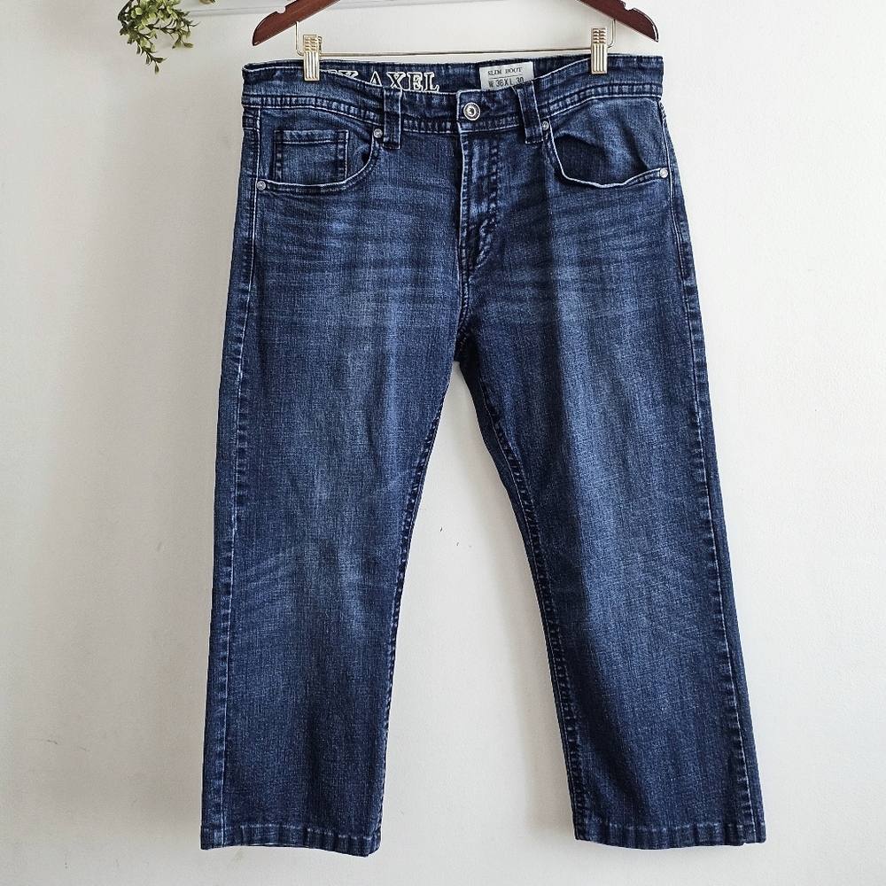 TK Axel Slim Boot Jeans Mens W36 Dark Wash Stretch Denim Hemmed 23.5 Inseam